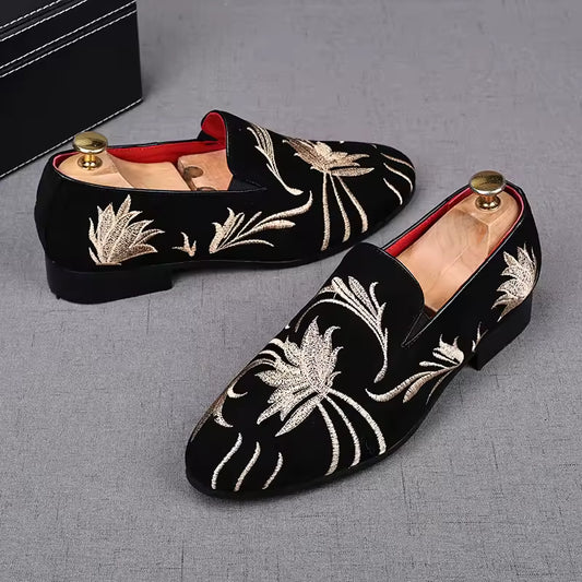 Men Suede Leather Shoes Designer Embroidery
