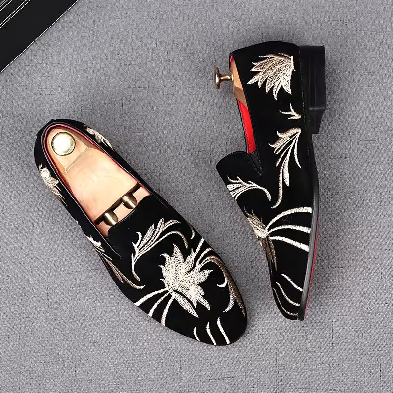 Men Suede Leather Shoes Designer Embroidery